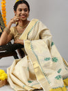Kerala Tissue Flower Printed Gold Jari & Green Border Saree OKS16