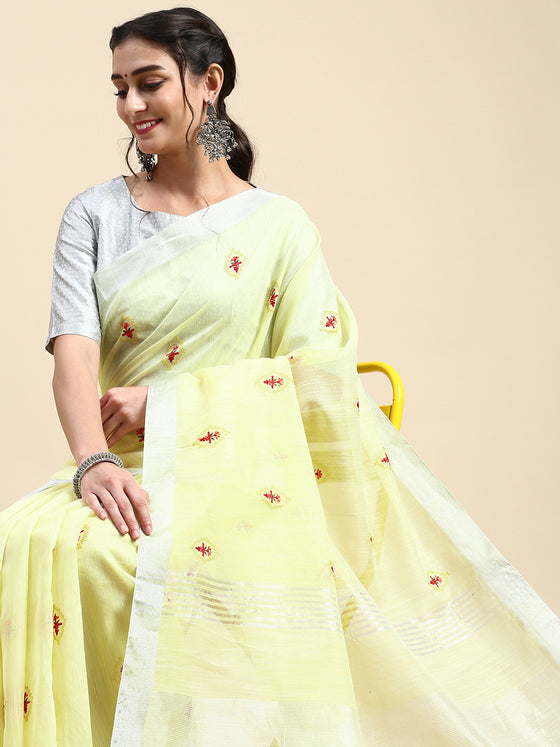 Classy Semi Linen Yellow Printed Embroidery Saree SLPE03