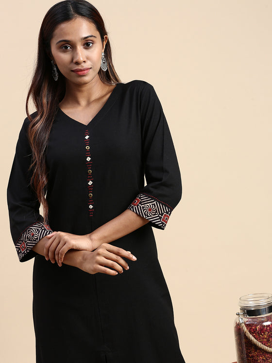 Cotton Plain V Neck Straight Cut Black Kurti CPK11