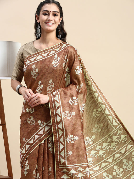 Semi Cotton Brown and Sandal Flower Printed Saree SCS23