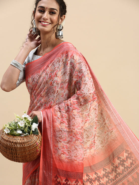 Digital Print Orange & Pink Mixed Semi Linen Saree SL12