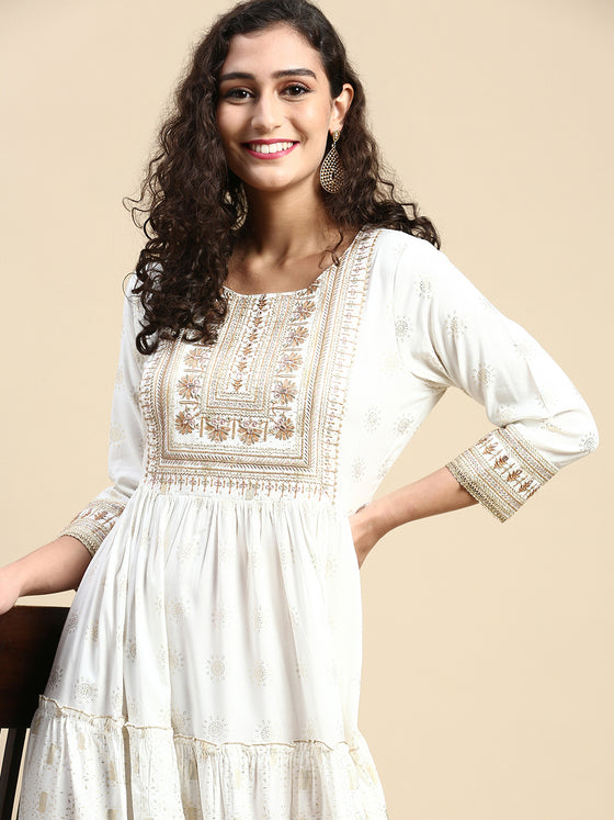 Elegant Embroidered and Printed White & Sandal Umbrella Kurti EK22