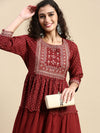 Elegant Embroidered and Printed Red & Sandal Umbrella Kurti EK20