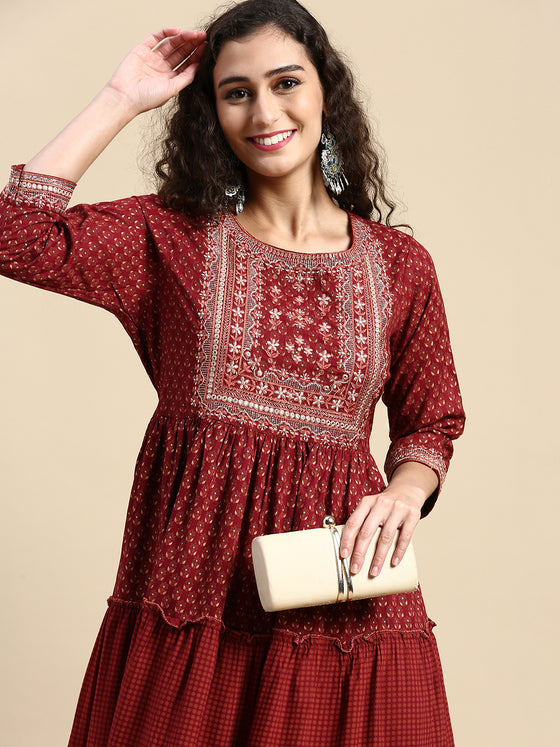 Elegant Embroidered and Printed Red & Sandal Umbrella Kurti EK20
