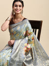 Semi Tussar Grey Flower Printed Saree with Tassels STP17