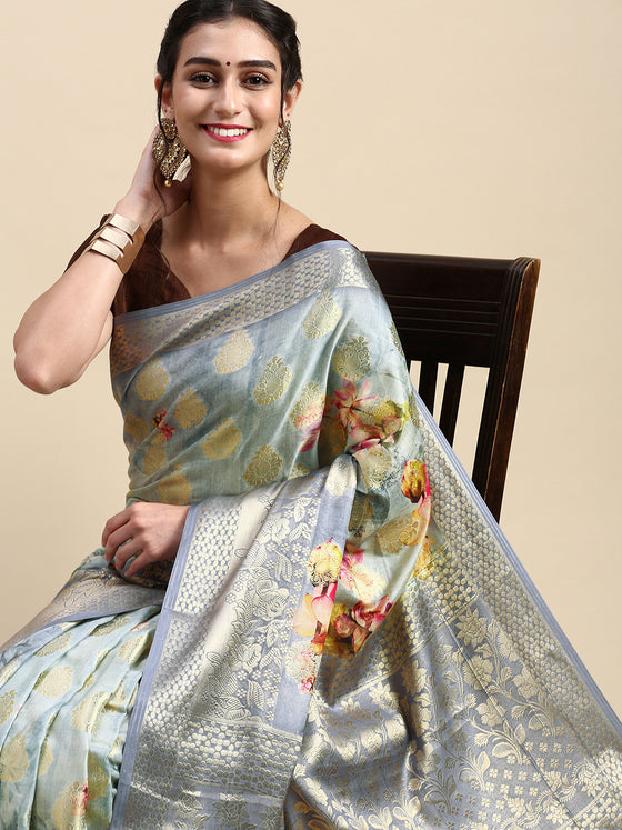 Semi Tussar Grey Flower Printed Saree with Tassels STP17