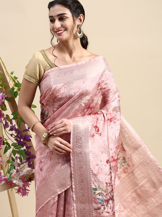Elegant Dola Silk Pink Flower Digital Print with Jari Border Sarees DS01