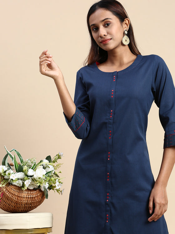 Cotton Plain Round Neck Straight Cut Navy Kurti CPK10