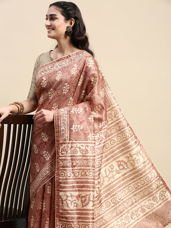 Semi Cotton Brown and Sandal Flower Printed Saree SCS25