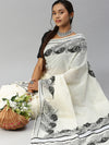 Kerala Cream Peacock Feather Printed Saree with Silver Zari Border OKS30 Onam Collection