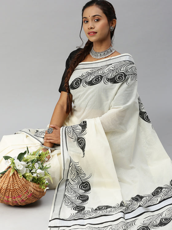 Kerala Cream Peacock Feather Printed Saree with Silver Zari Border OKS30 Onam Collection