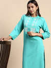 Cotton Embroidered Mandarin Collar Straight Cut Green Kurti EK25