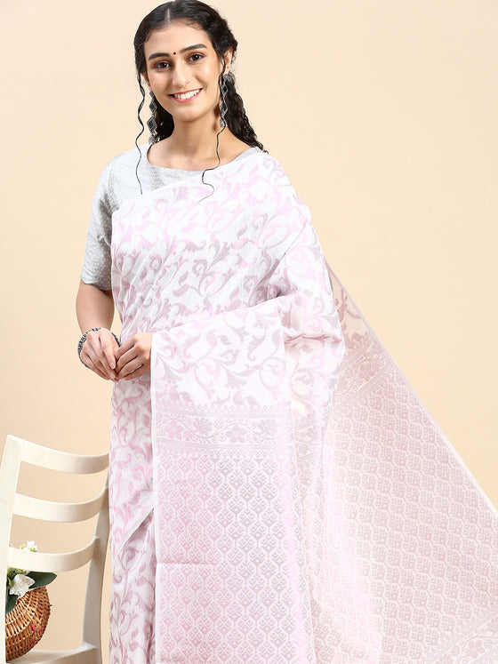 Stylish Off White & Pink Flower Design Semi Kora Cotton Saree SK80