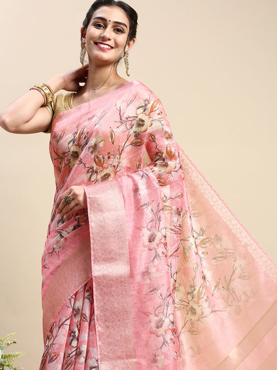 Semi Organza Sandal and Pink Flower Printed with Jari Border Saree SOS03
