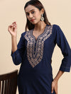 Cotton Embroidered V Neck Straight Cut Navy Kurti EK31