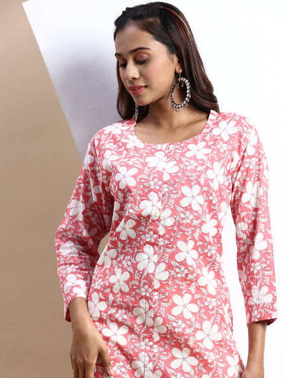 Cotton Printed Round Neck Straight Cut Pink Kurti PK24