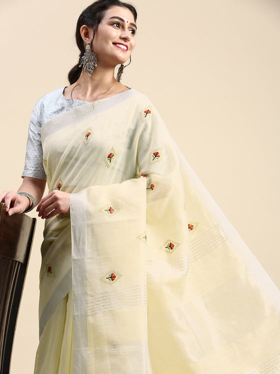Alluring Semi Linen Light Sandal Printed Embroidery Saree SLPE04