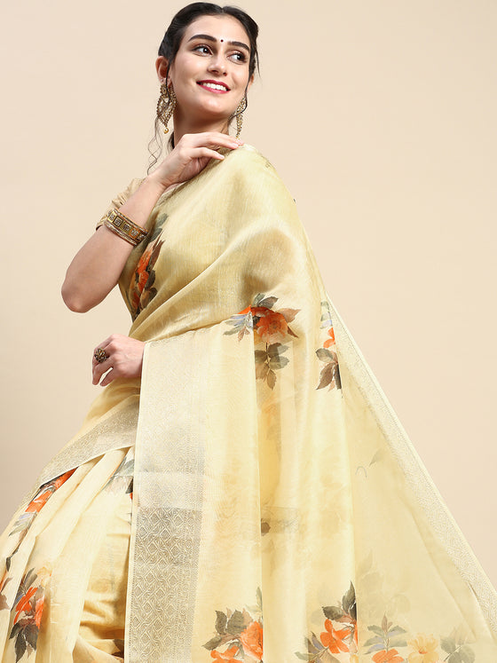 Elegant Semi Linen Flower Digital Light Sandal Saree SL58