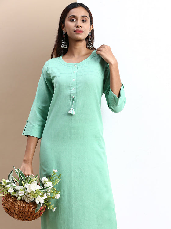 Cotton Plain Round Neck Straight Cut Green Kurti CPK02
