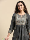 Elegant Embroidered and Printed Black & Sandal Straight Cut Kurti EK19