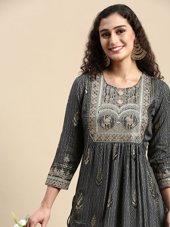 Elegant Embroidered and Printed Black & Sandal Straight Cut Kurti EK19