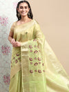 Divine Semi Linen Green Floral Printed Embroidery Saree SLPE05