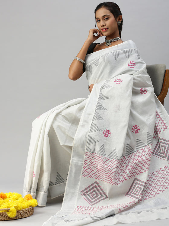 Kerala Tissue Printed Silver Jari Border Saree OKS38 Onam Collection