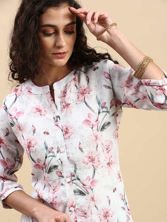 Cotton Printed Straight Cut White and Pink Kurti EK14