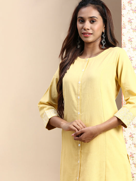Cotton Plain Round Neck Straight Cut Yellow Kurti CPK03