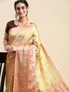 Semi Tussar Peach & Yellow Flower Printed Saree with Tassels STP15