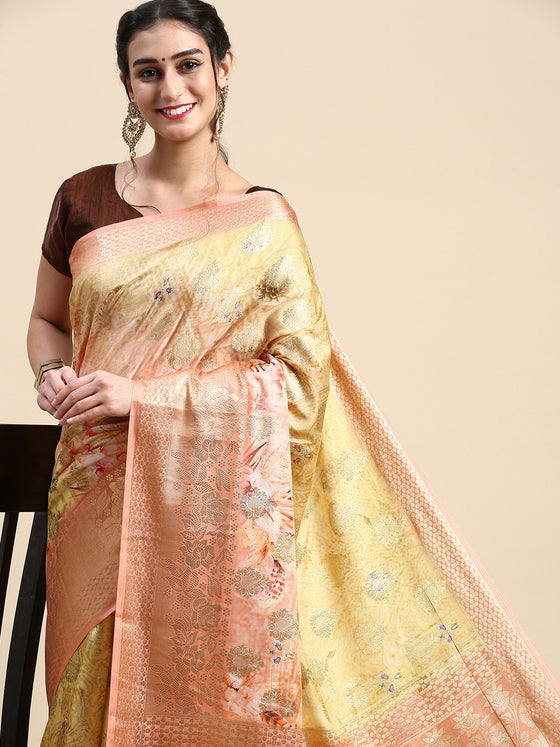 Semi Tussar Peach & Yellow Flower Printed Saree with Tassels STP15