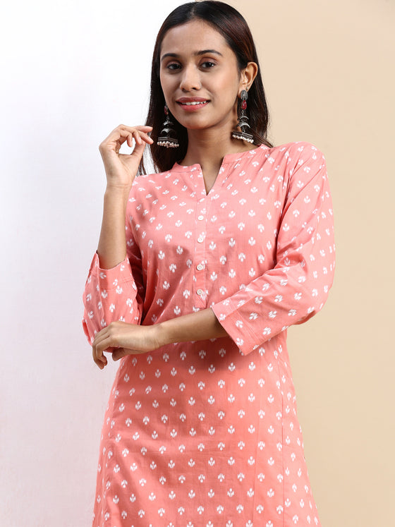 Cotton Printed Collar Neck Straight Cut Pink Kurti PK25