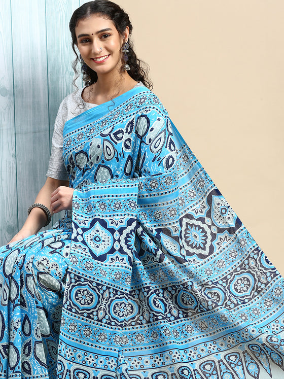 Elegant Blue & Grey Flower Printed Pure Cotton Saree PCS54