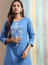 Cotton Embroidered Round Neck Straight Cut Blue Kurti EK37