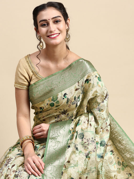 Beautiful Dola Silk Green Flower Digital Print with Jari Border Sarees DS02
