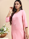 Cotton Plain Round Neck Straight Cut Pink Kurti CPK08