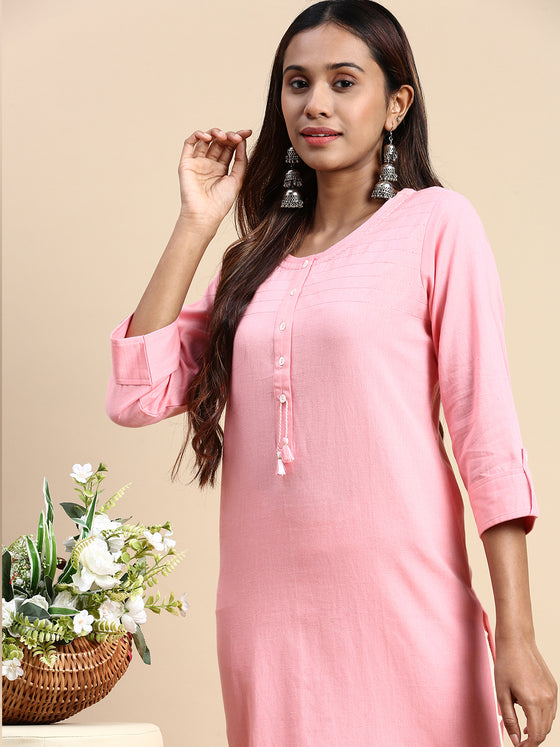 Cotton Plain Round Neck Straight Cut Pink Kurti CPK08