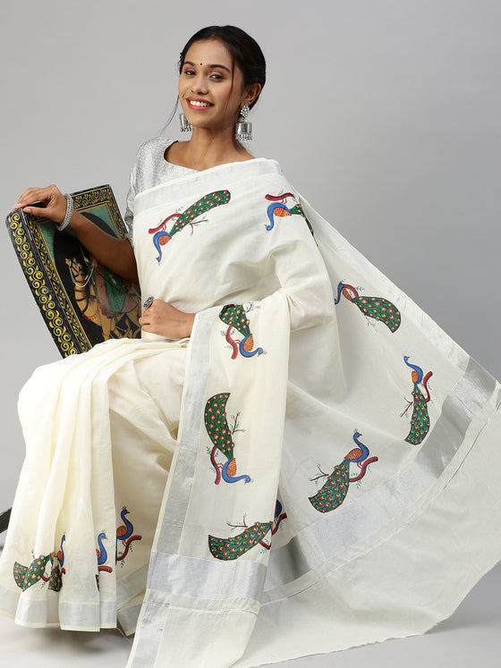 Kerala Off White Peacock Design Printed Silver Jari Saree OKS05
