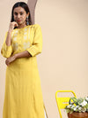 Cotton Embroidered Mandarin Collar Straight Cut Lemon Yellow Kurti EK24