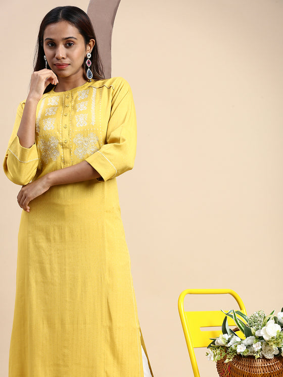 Cotton Embroidered Mandarin Collar Straight Cut Lemon Yellow Kurti EK24