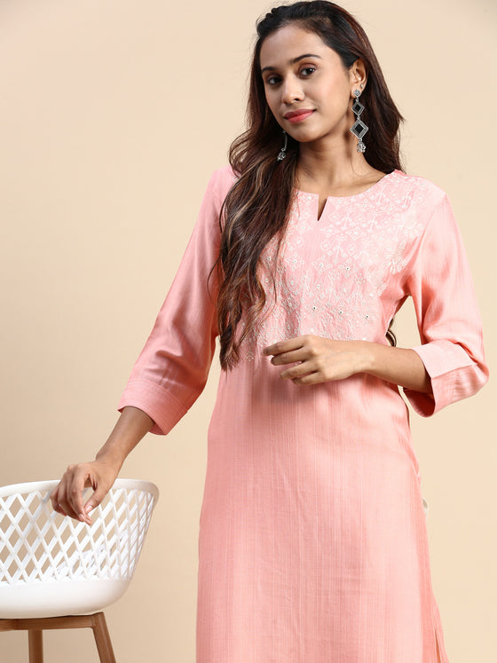 Cotton Embroidered Round Neck Straight Cut Pink Kurti EK35