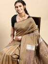 Stylish Silver Jari Khaki Flower Design Semi Kora Cotton Saree SK83
