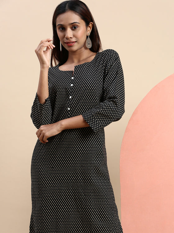 Cotton Printed Round Neck Straight Cut Black Kurti PK26