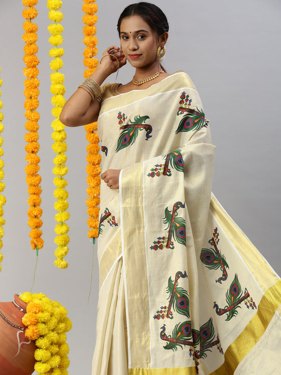 Kerala Tissue Peacock & Flute Printed Gold Jari Border Saree OKS36 Onam Collection