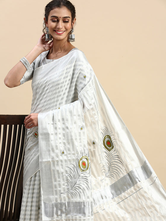 Kerala Grey Embroidery Saree with Silver Zari Border KS77