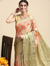 Semi Tussar Peach & Green Flower Printed Saree with Tassels STP16