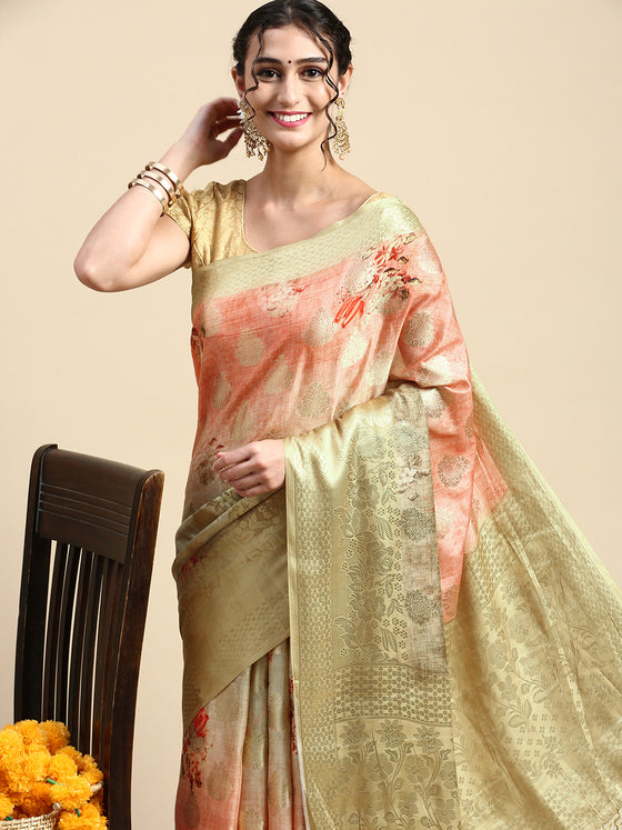 Semi Tussar Peach & Green Flower Printed Saree with Tassels STP16