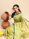 Stylish Flower Design Green Semi Kora Cotton Saree SK95