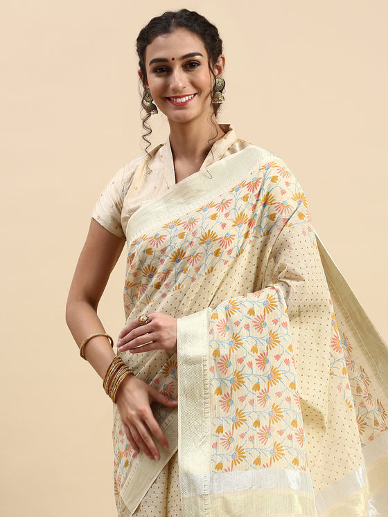 Semi Cotton Printed Saree Sandal and Pink SCS09