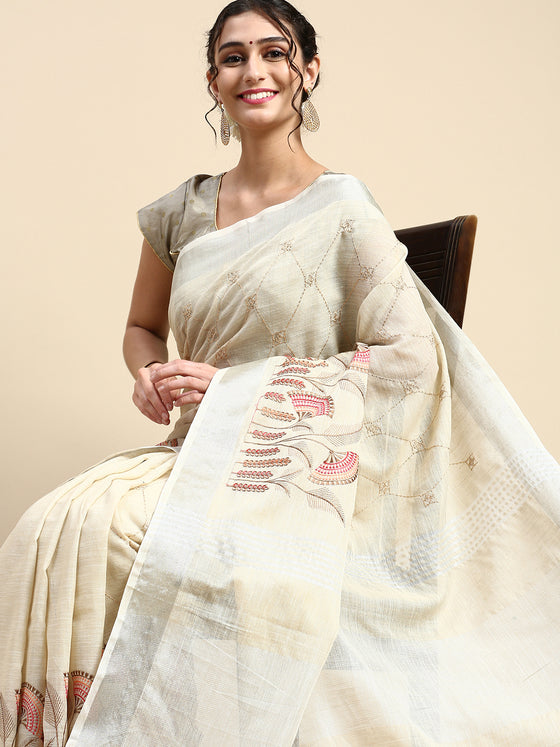 Dazzling Semi Linen Sandal Floral Printed Embroidery Saree SLPE01